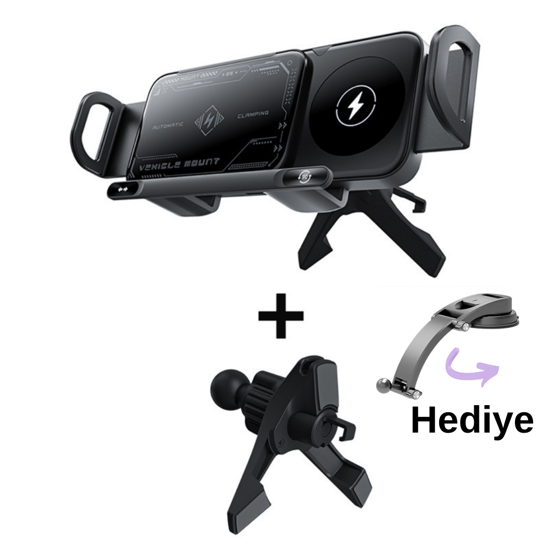 Telefon + Tablet Uyumlu Akıllı Araç Tutucu & Kablosuz Şarj